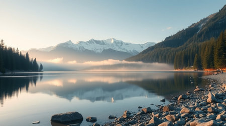 Misty morning light highlights snow peaks mirrored flawlessly in a quiet mountain lake.の写真素材