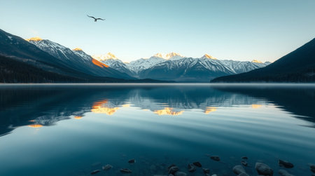 Dawn light spreads softly across snow-bright mountains mirrored perfectly in a calm alpine lake.の写真素材