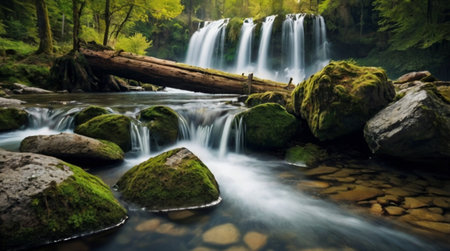 A tall waterfall drops into a calm pond that flows outward into a large forest lake.の写真素材
