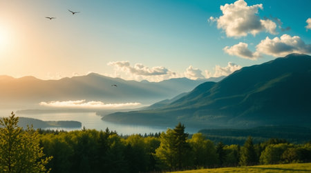 A soft cascade falls into a reflective woodland lake filled with warm natural colors.の写真素材