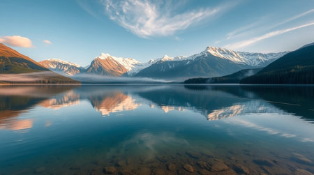 A peaceful cinematic winter scene with snow peaks mirrored delicately in soft golden light.の写真素材