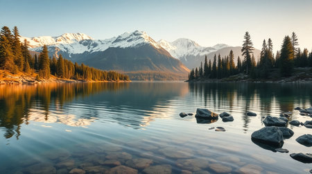 Ultra-real reflections reveal every snowy contour of mountains washed in gentle morning light.の写真素材