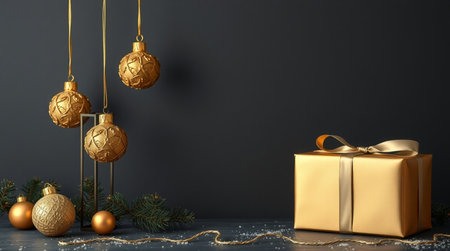 A breathtaking 8K capture of festive simplicity, emphasizing golden baubles and a refined gold gift package.の写真素材