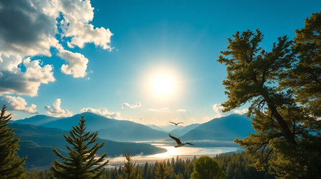 A bright forest morning reveals a clean-water lake with a waterfall glistening at its edge.の写真素材