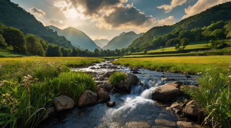 A dreamy natural scene of a river flowing through a lush green valley.の写真素材