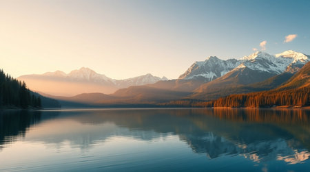 Cinematic serenity unfolds as sunlit snowy ridges reflect vividly in a silent blue lake.の写真素材