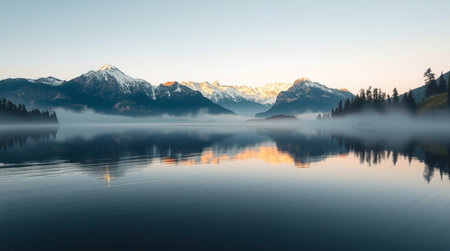Soft sunlight reveals glistening snow textures mirrored perfectly across a silent alpine lake.の写真素材