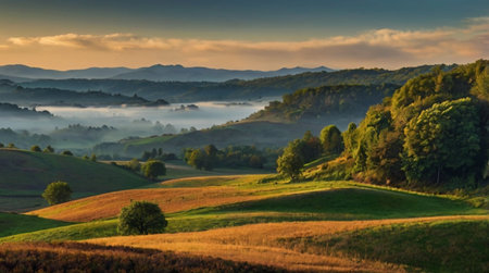 A mountain-fed waterfall cascades into a dark blue lake surrounded by tall ancient trees.の写真素材