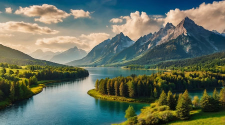 Golden sunset behind evergreen forest near a lake.の写真素材