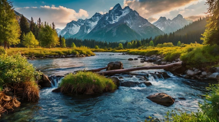Rustic dock with two boats on a quiet mountain lake.の写真素材