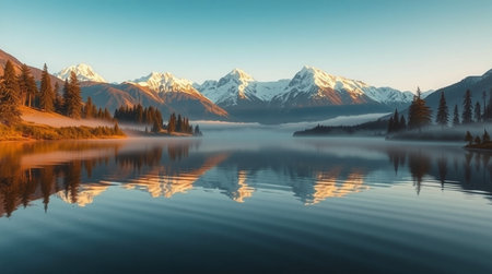 Snow-soaked peaks glow subtly as dawn light blends their reflections with smooth lake water.の写真素材