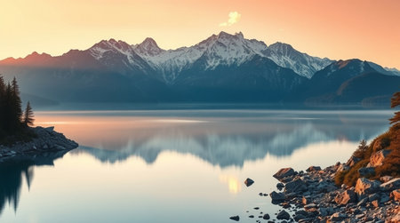 A calm alpine dawn where frosted ridges and their reflections blend beautifully in cinematic harmony.の写真素材
