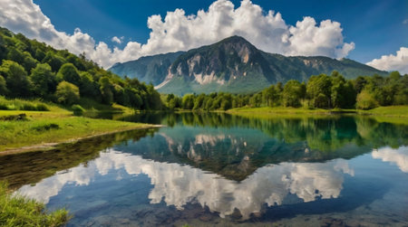 A pristine forest lake reflects pine trees as a cool waterfall feeds fresh water into the basin.の写真素材