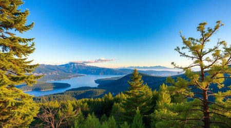 A calm, untouched lake lies beneath a high waterfall wrapped in lush green forest.の写真素材