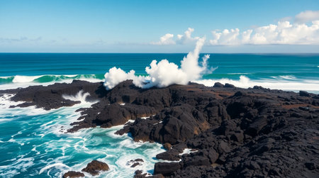 Drone perspective showing swirling turquoise movement around obsidian rock.の写真素材