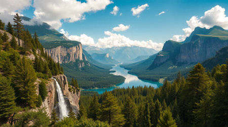 A stunning 4K depiction of multiple waterfalls feeding a serene forest lake.の写真素材