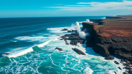 Ultra-real 8K aerial angle of turquoise sea ripples smashing volcanic outcrops.の写真素材