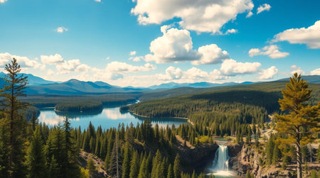 A tranquil body of water surrounded by lush forest foliage and a sparkling waterfall nearby.の写真素材
