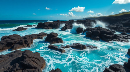 Aerial capture of white-foamed turquoise surf clinging to volcanic stone surfaces.の写真素材