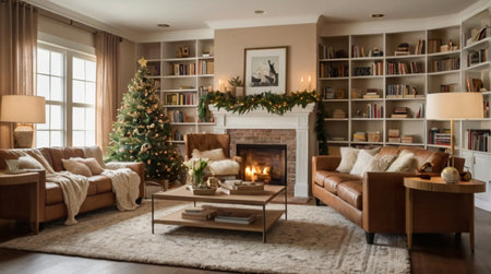 A warm beige living room decorated beautifully with holiday accents.の写真素材