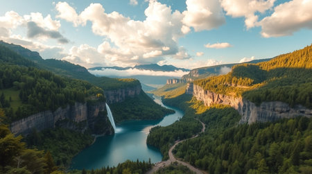 A wide panoramic view of waterfalls, lakes, and endless lush forest under midday clarity.の写真素材