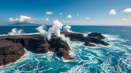 High-resolution ocean spray rising from volcanic rocks during wave impact.の写真素材