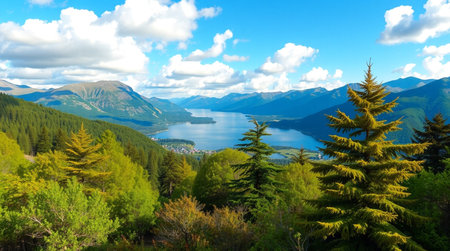 A peaceful lakeside clearing illuminated by sunbeams with a waterfall roaring softly in the distance.の写真素材