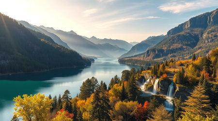 A calm lake reflecting surrounding forest trees while a gentle waterfall creates ripples across the surface.の写真素材