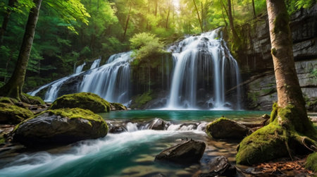 A 4K close-up view of waterfall spray drifting across a peaceful forest lake.の写真素材