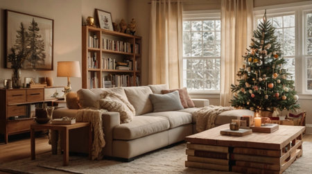 A warm holiday gathering space with toys, blankets, and a glowing gold Christmas tree.の写真素材