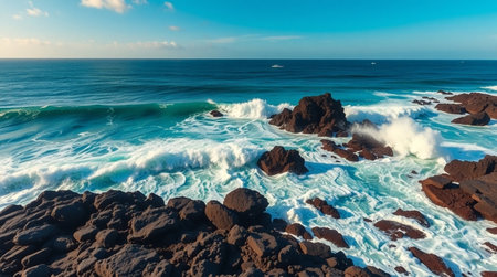 Turquoise waves with dynamic surf motion impacting volcanic cliffs.の写真素材