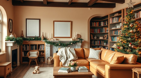 A festive family room where a golden Christmas tree stands beside tall bookshelves and a wooden coffee table.の写真素材