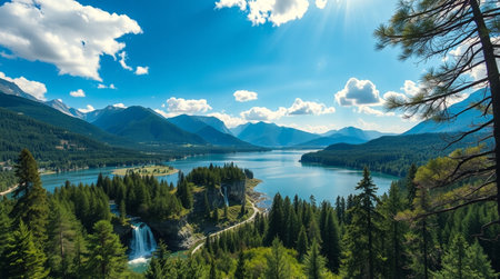 A smooth waterfall pours into a tranquil lake glowing under warm forest light.の写真素材