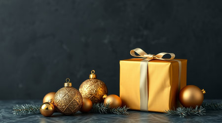 A chic festive setting combining a glossy gold gift with textured ornaments.の写真素材
