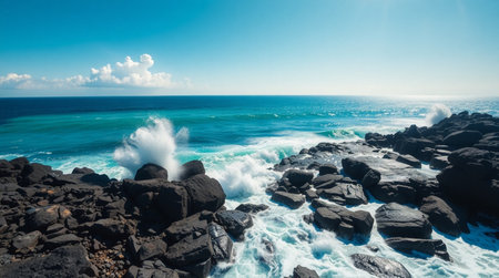 Drone perspective of strong surf crashing onto obsidian-colored volcanic rocks beside a bright turquoise sea.の写真素材