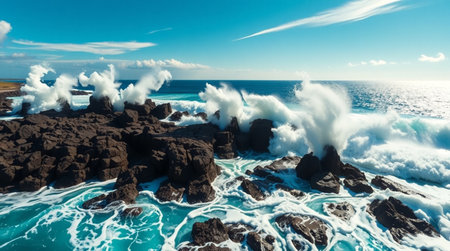 Turquoise water crashing against volcanic cliffs from above.の写真素材