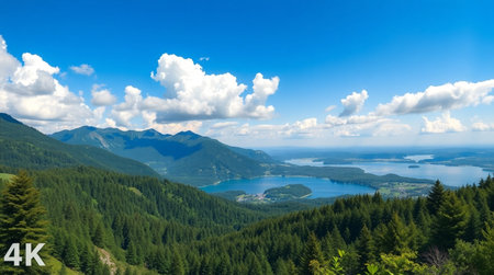 A tranquil blue lake echoes the sound of a waterfall cascading through forest shadows.の写真素材