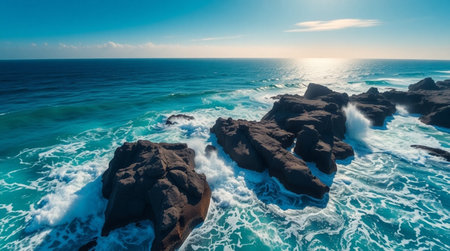 Turquoise wave impact sending misty spray upward from volcanic cliffs.の写真素材