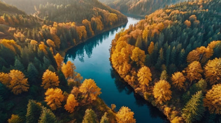 A serene woodland lake rests at the base of a waterfall glowing in early morning light.の写真素材