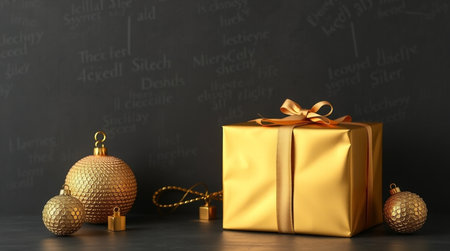 A refined festive setup featuring glowing golden baubles and a glossy gift box, elegantly arranged against a moody charcoal grey background in stunning 8K detail.の写真素材