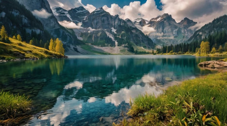 A serene lake reflects the surrounding mountains and forest.の写真素材