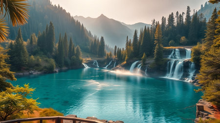A quiet lake sits at the foot of a roaring forest waterfall captured in sharp detail.の写真素材