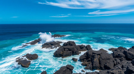 Scenic view showing foamy surf battering black volcanic cliffs from a high aerial perspective.の写真素材