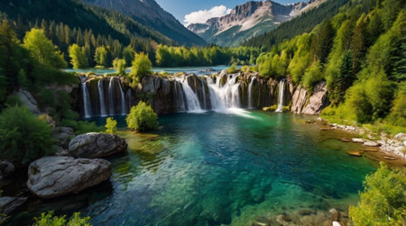 A glowing autumn forest blanketed in red and gold leaves.の写真素材