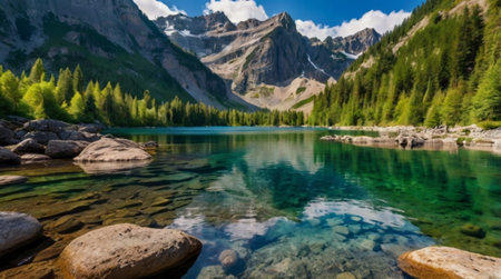 Bright green foliage surrounds a glimmering lake as a crisp waterfall drops steadily from a shaded rocky wall.の写真素材
