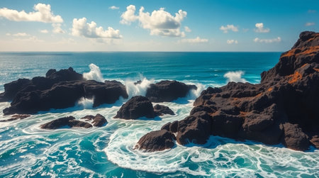 Intense turquoise currents swirling around volcanic stone fissures.の写真素材