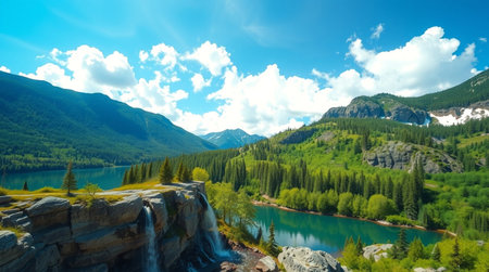 A waterfall bursts down rocky cliffs into a calm forest lake shimmering in high-resolution clarity.の写真素材