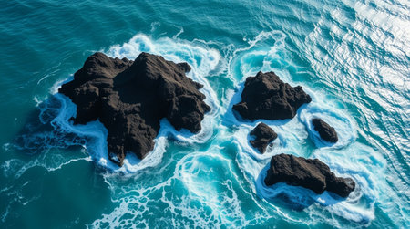 Turquoise water rushing upward in plume-like sprays after rock impact.の写真素材