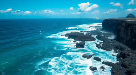 Turquoise ocean bursts into white foam as it collides with basalt rock formations in an 8K shot.の写真素材