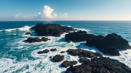 Drone capture of intense ocean spray created along volcanic coast rocks.の写真素材